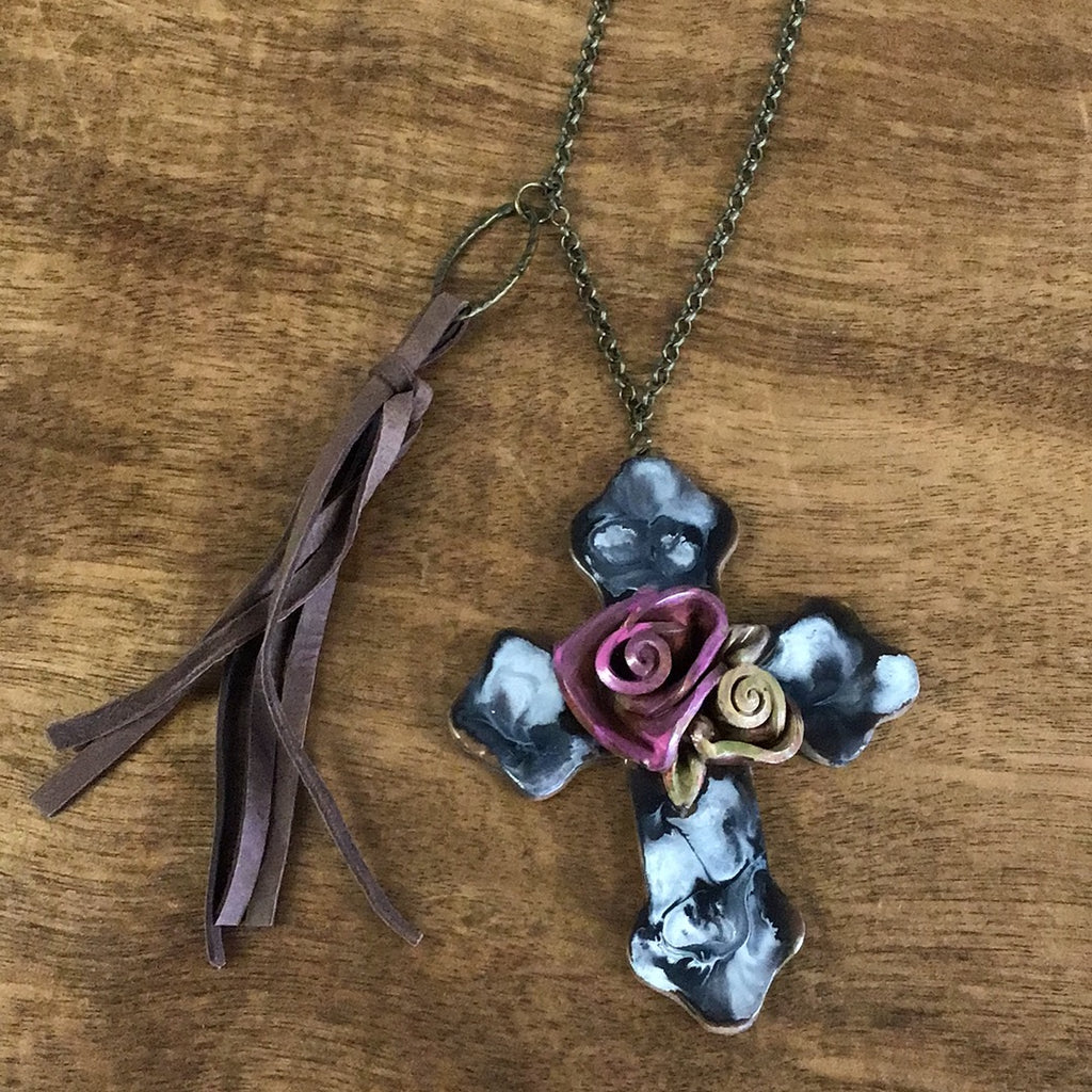 Cross with Roses and tassel necklace Nck227