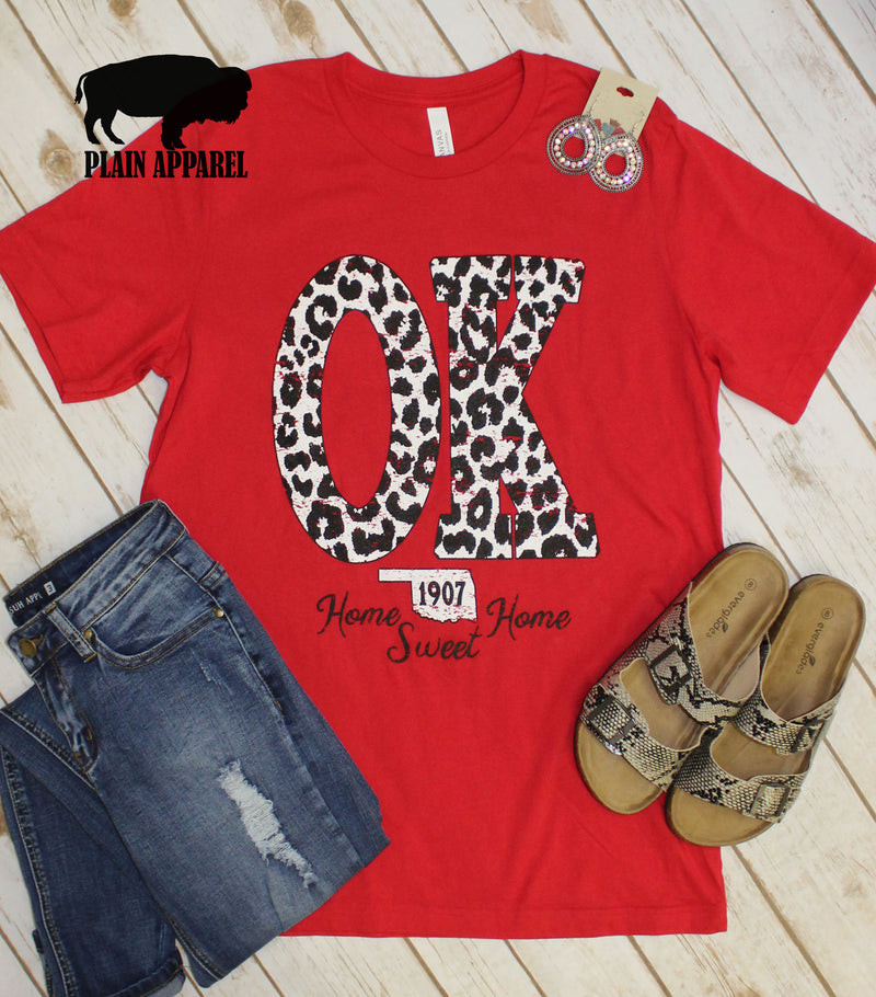 Red OK Leopard State Abbreviation Crew Neck Tee - Bless UR Heart Boutique