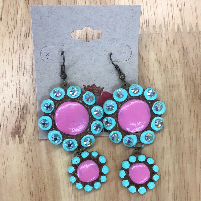 Ear1194 Pink and Turquoise dangle rhinestone earrings