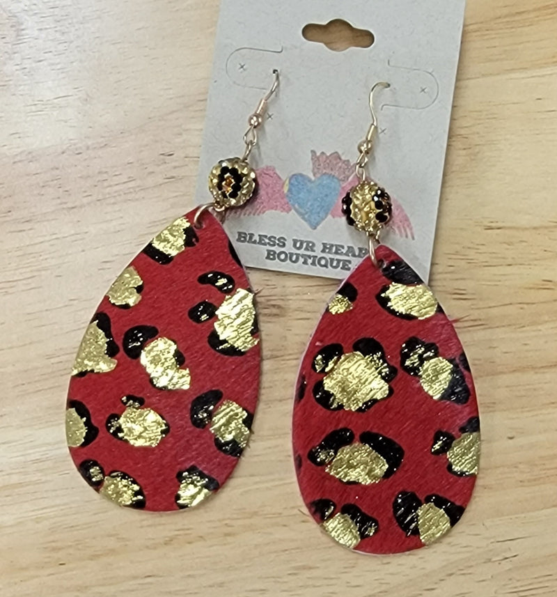 Red & Gold Leopard Tear Drop Earrings EAR208