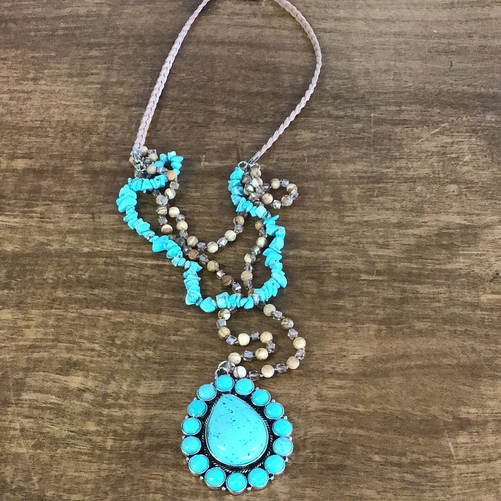 Turquoise stone bead, Turquoise pendant, and braided leather necklace Nck189