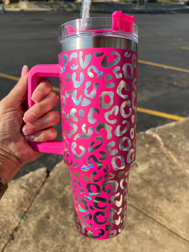 Mix products 40oz stainless steel tumbler with lid straw cheetah handdle  tumbler Laser Engraved mug cup beer