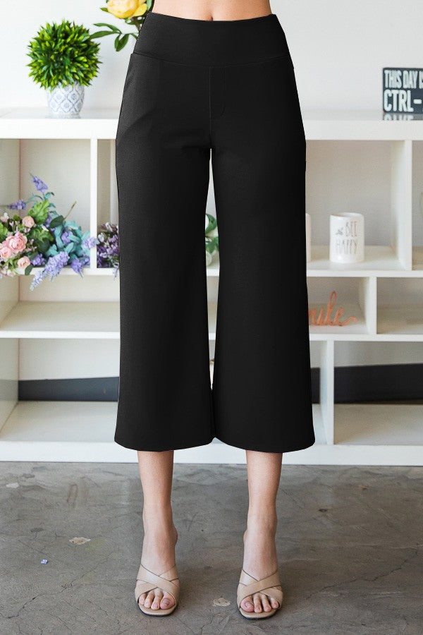 Wide Waistband Solid Culottes - Black P6003