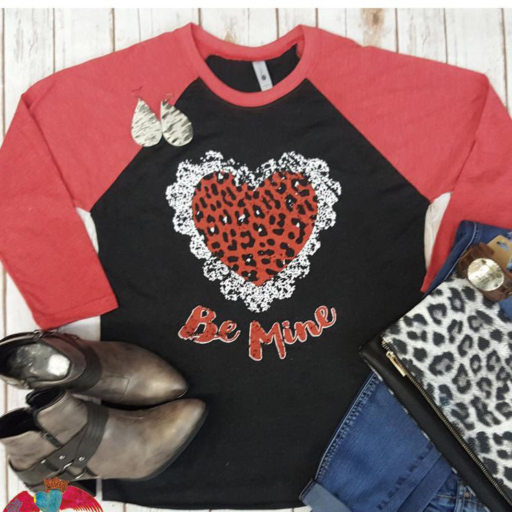 Be Mine Leopard Heart Raglan - Bless UR Heart Boutique