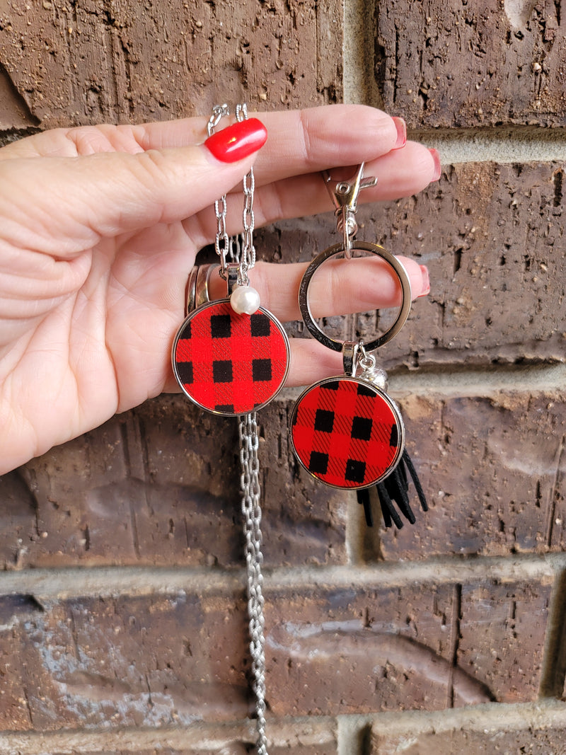 Red Plaid Necklace & Keychain SET •SALE•