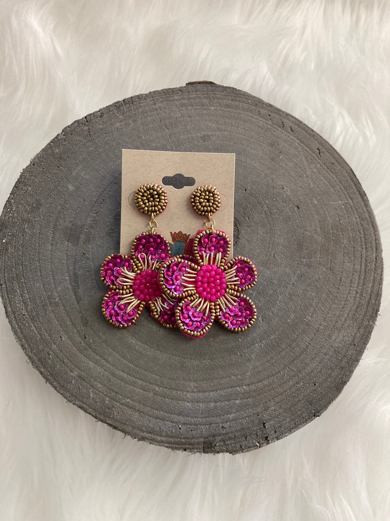 Pink Beaded Flower Earrings EAR1314