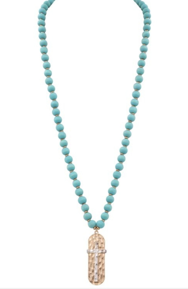 Turquoise Wood Bead Cross Charm Necklace NCK1358