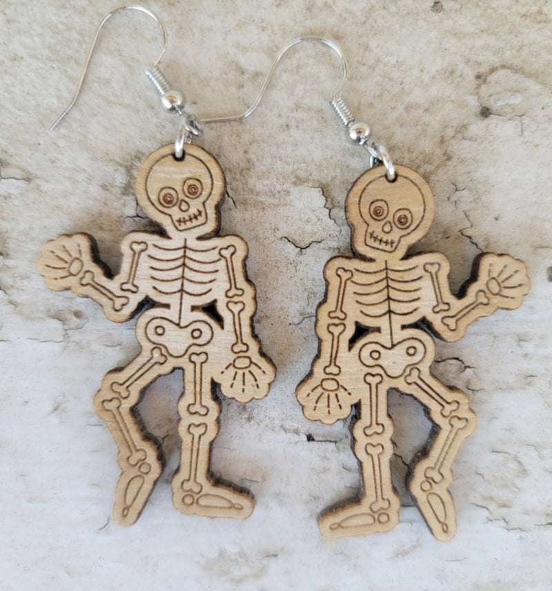 Dancing Skeleton Wood Earrings