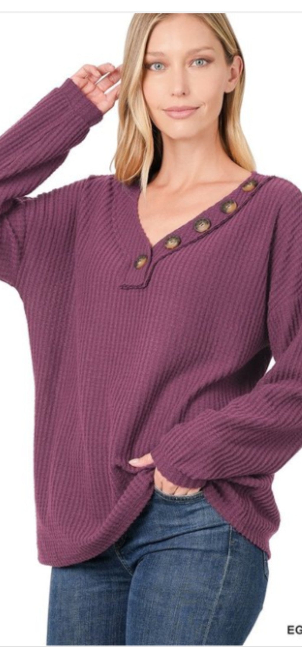 THERMAL WAFFLE V-NECK Eggplant Top1338