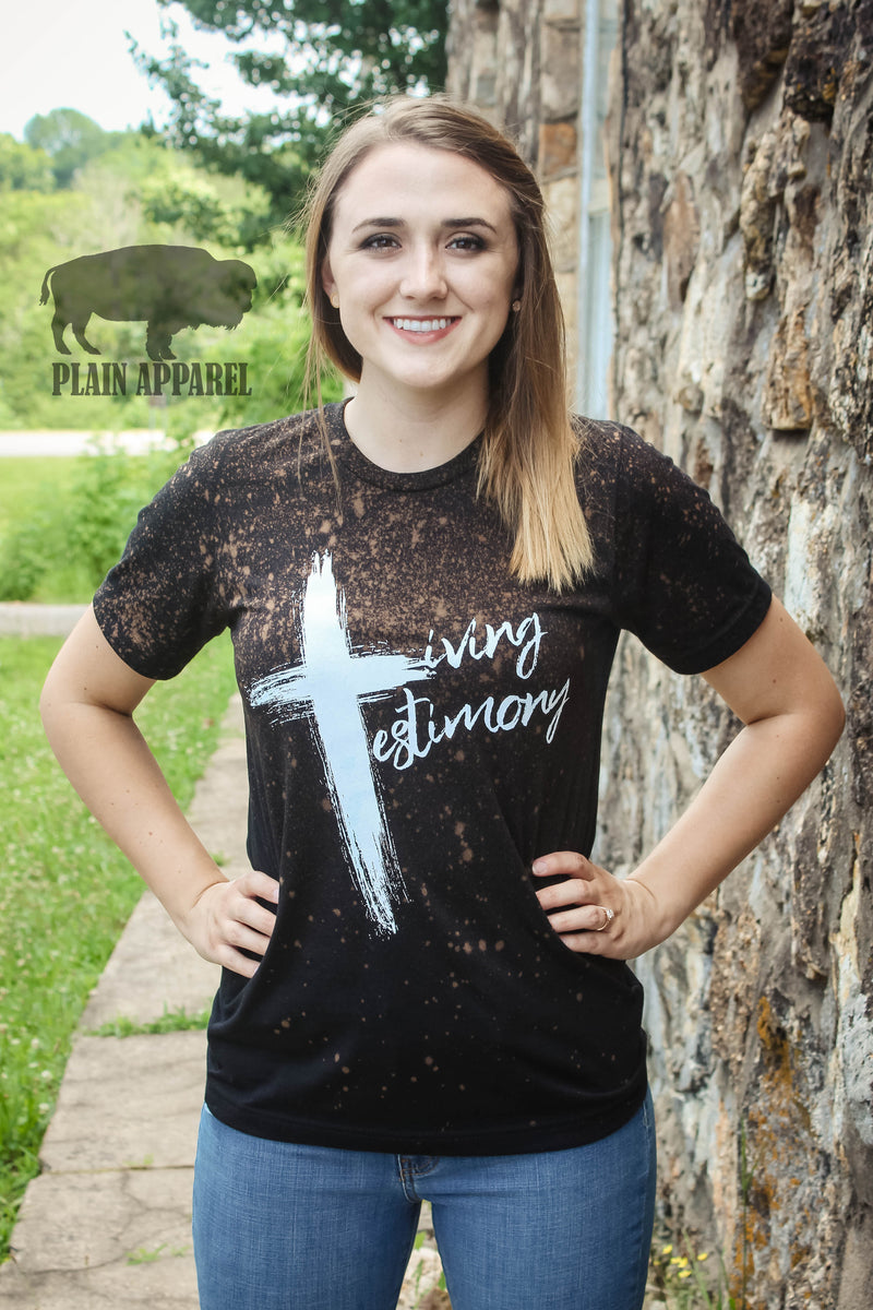 Distressed Living Testimony Black Crew Neck Tee - Bless UR Heart Boutique
