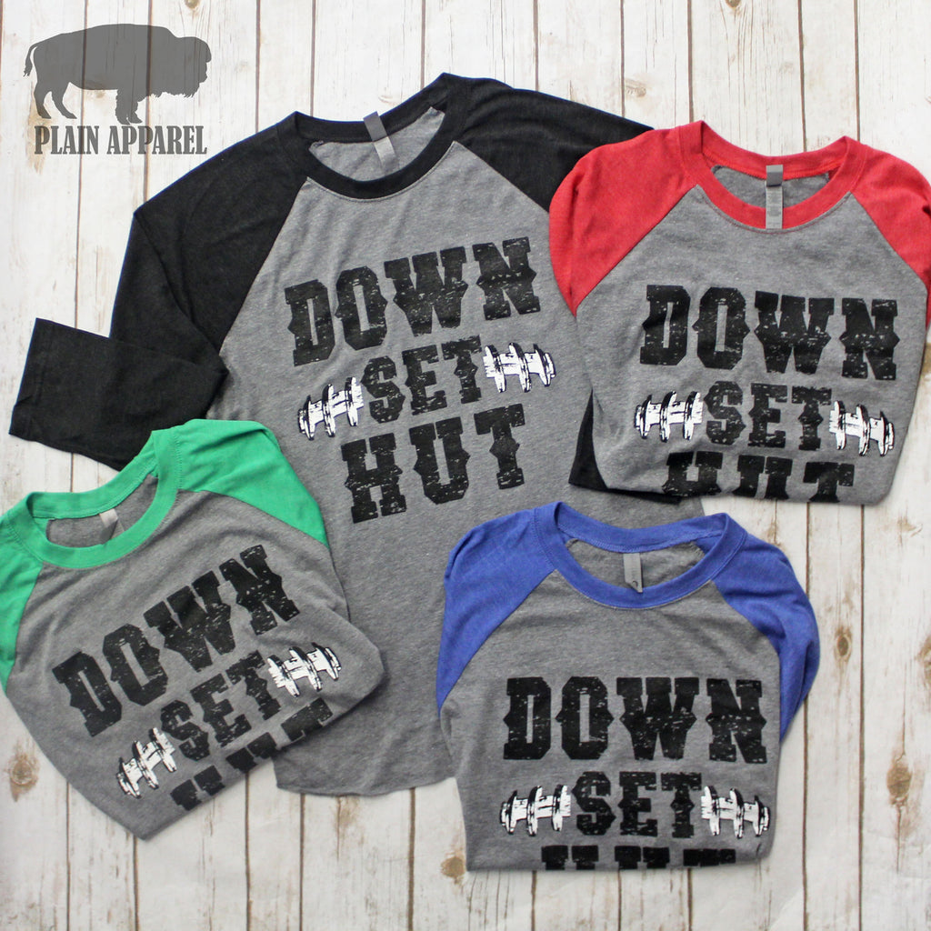 Down Set Hut Football Raglan - Bless UR Heart Boutique