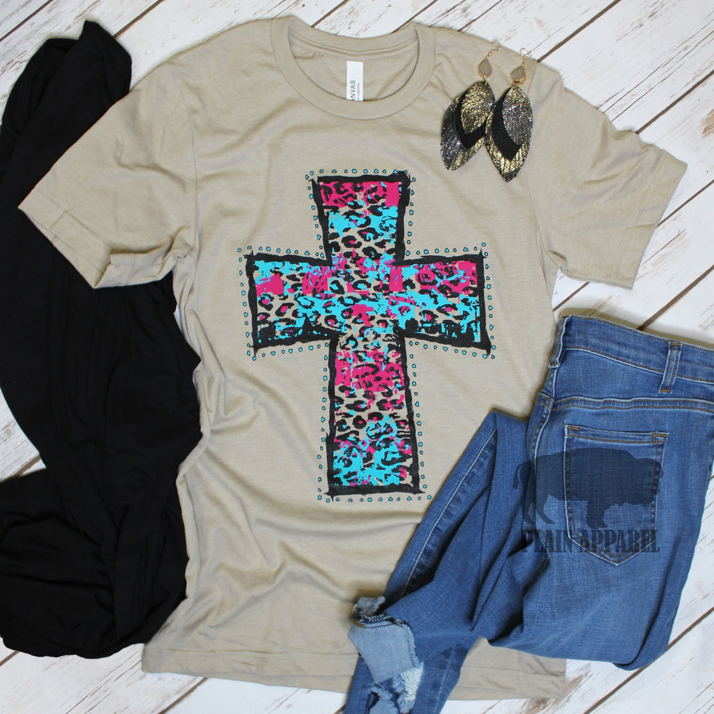 Bright Turquoise & Pink Leopard Cross Tee - Bless UR Heart Boutique