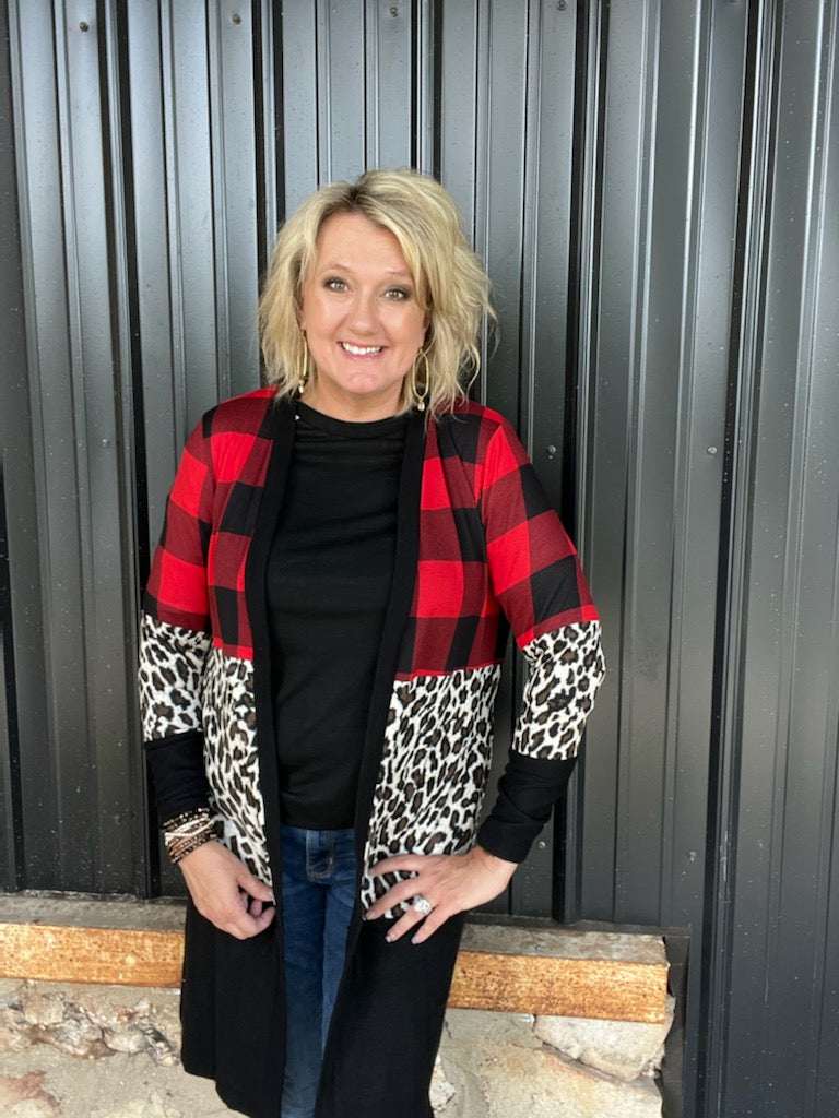 Buffalo Plaid and Leopard Color Block Cardigan with Pockets   FINAL SALE