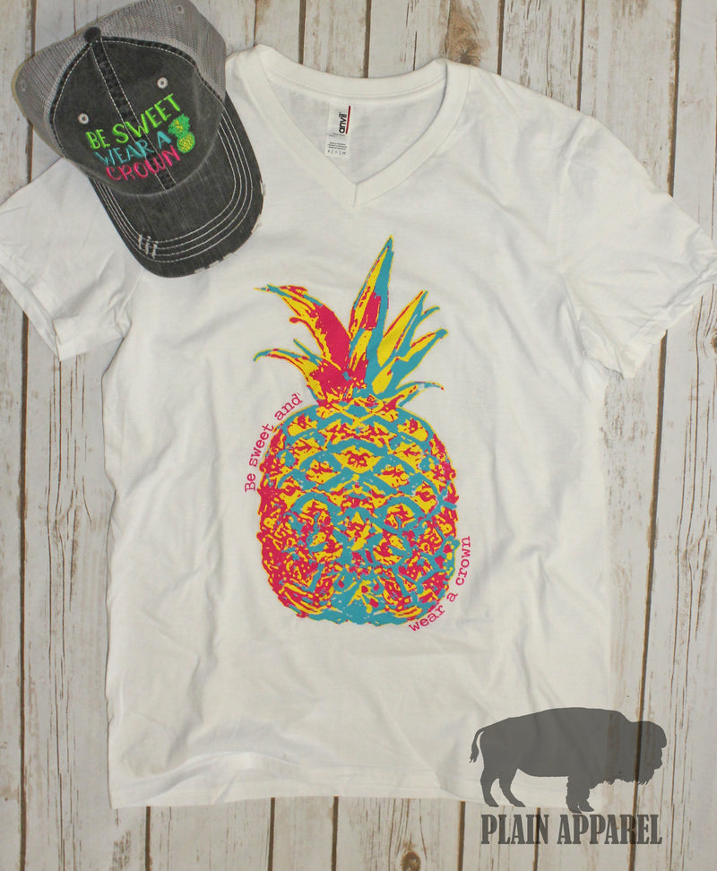 WHITE Pineapple V-Neck Neck "Be Sweet & Wear A Crown" - Bless UR Heart Boutique