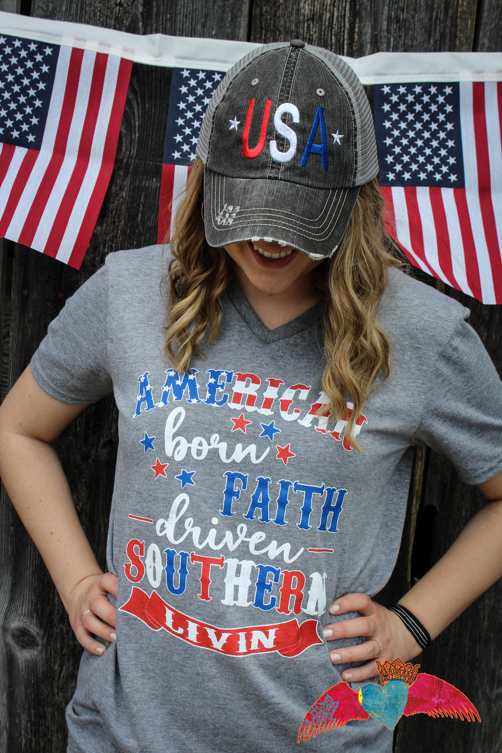 American Born, Faith Driven, Southern Livin V-Neck - Bless UR Heart Boutique