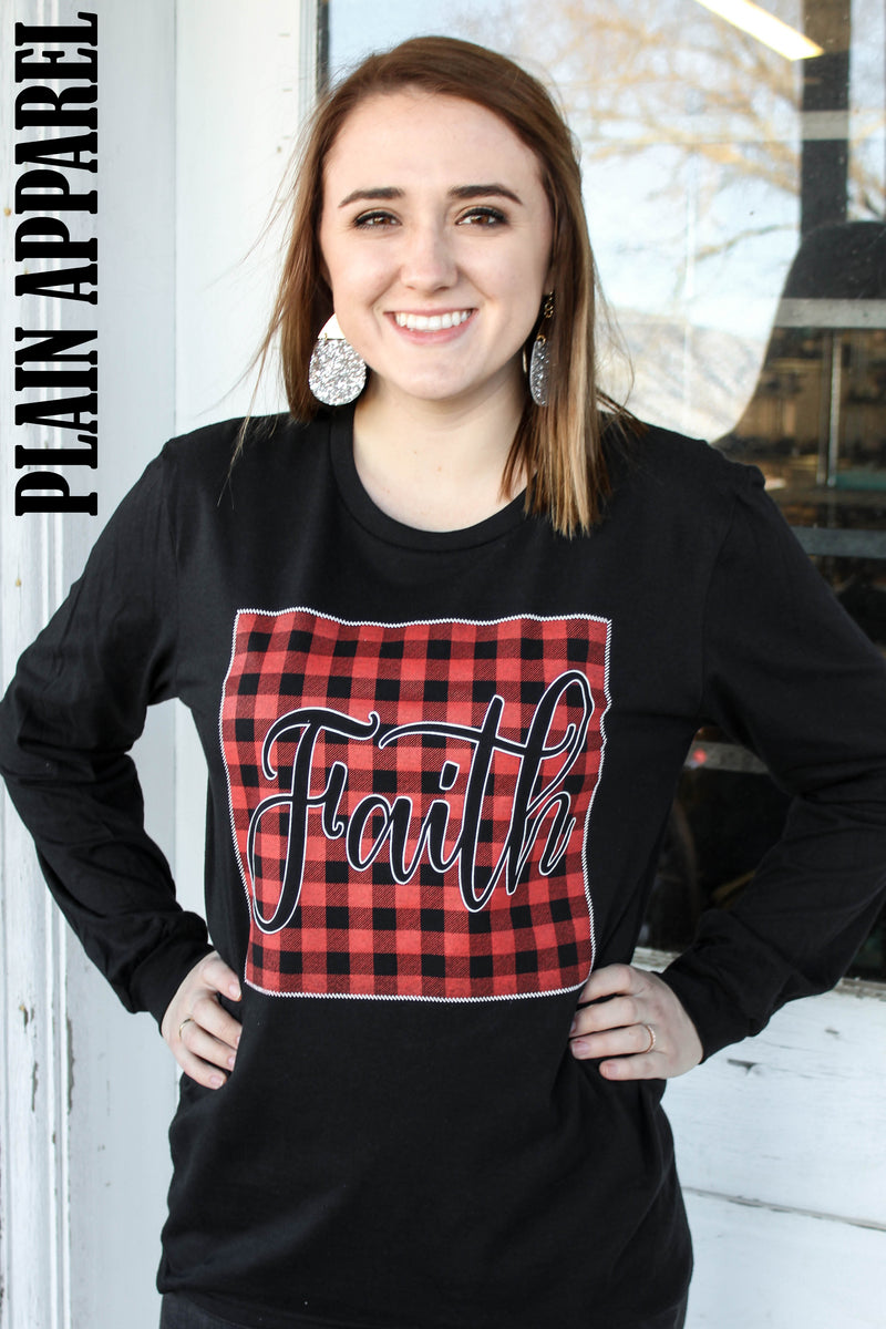 Faith Buffalo Plaid Long Sleeve Crew Tee - Bless UR Heart Boutique