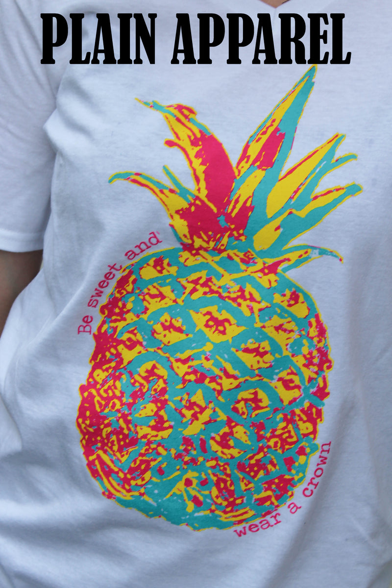WHITE Pineapple V-Neck Neck "Be Sweet & Wear A Crown" - Bless UR Heart Boutique