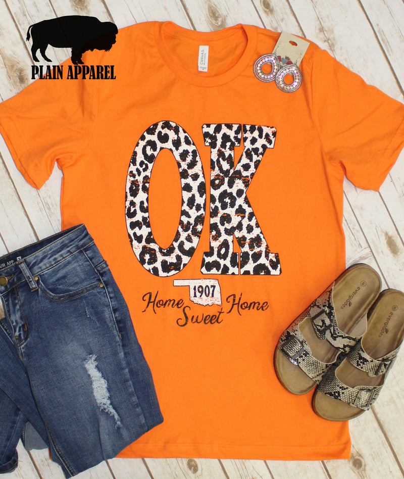 Orange OK Leopard State Abbreviation Crew Neck Tee - Bless UR Heart Boutique