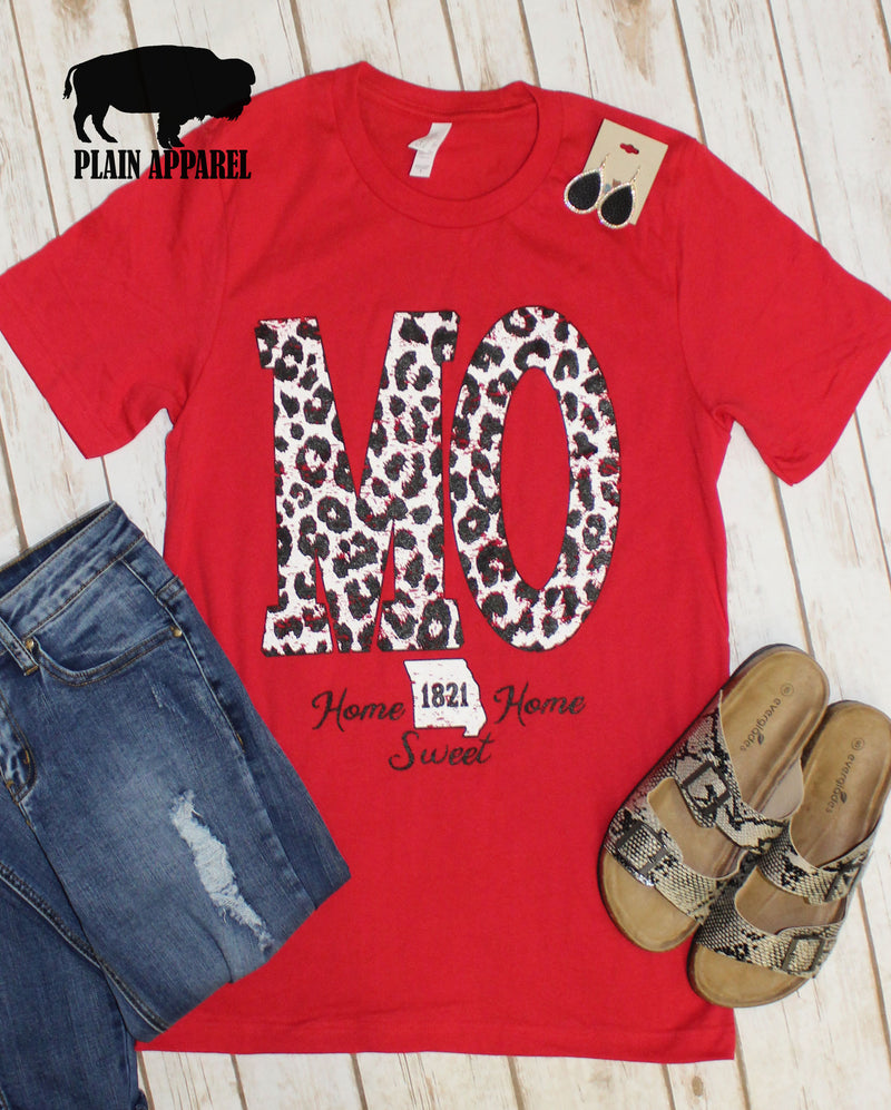 Red MO Leopard State Abbreviation Crew Neck Tee - Bless UR Heart Boutique