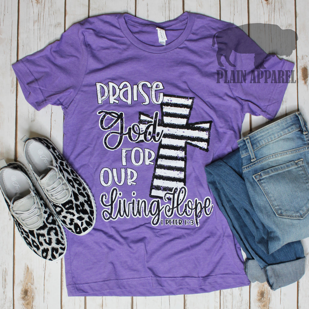 Praise God Purple Cross Crew Tee - Bless UR Heart Boutique