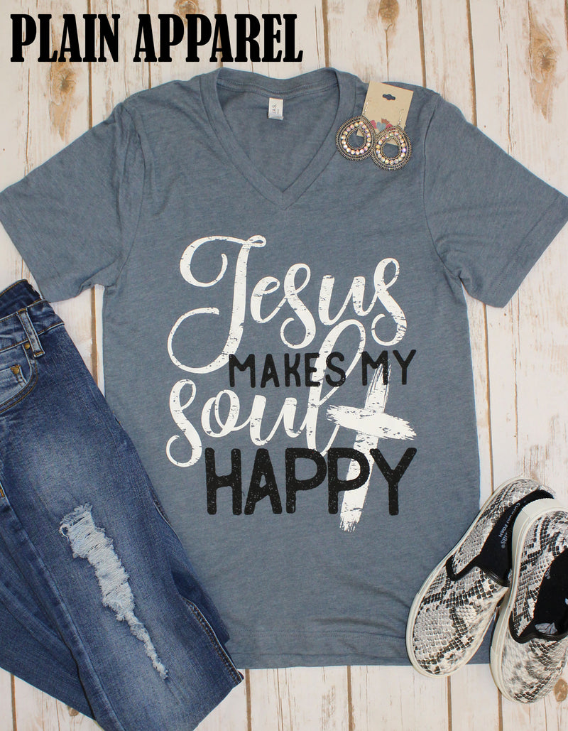 Jesus Makes My Soul Happy V-Neck Tee - Bless UR Heart Boutique