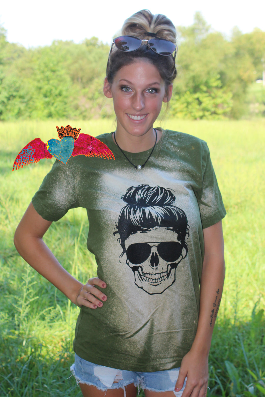 Messy Bun Skeleton Distressed Olive Crew Neck Tee - Bless UR Heart Boutique