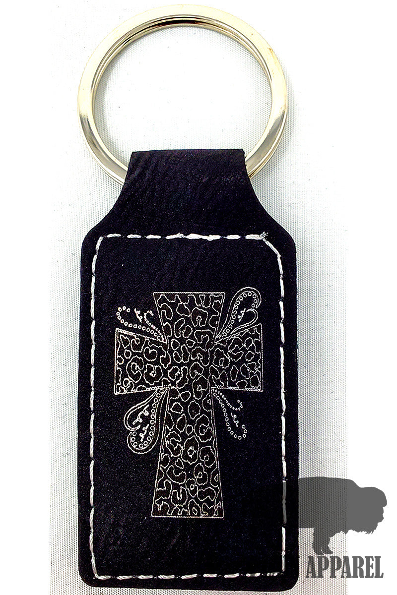 Leopard Cross Engraved Keychain - Bless UR Heart Boutique