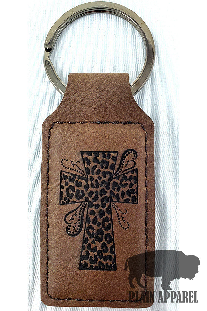 Leopard Cross Engraved Keychain - Bless UR Heart Boutique