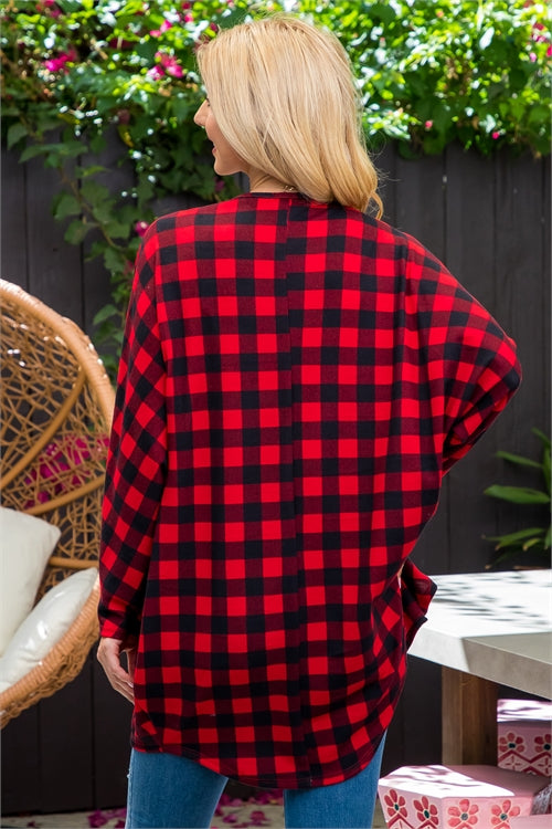 PLAID OPEN FRONT POCKET CARDIGAN- RED COMBO Jac1222