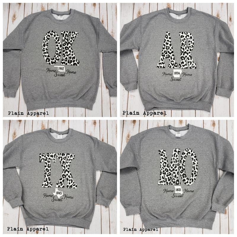 Snow Leopard State Sweatshirt (AR, KS, MO, OK, TX, GA, SD, WV) - Bless UR Heart Boutique