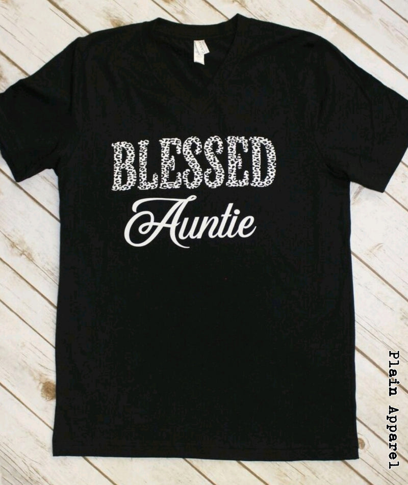 Cheetah Blessed Auntie V-Neck - Bless UR Heart Boutique