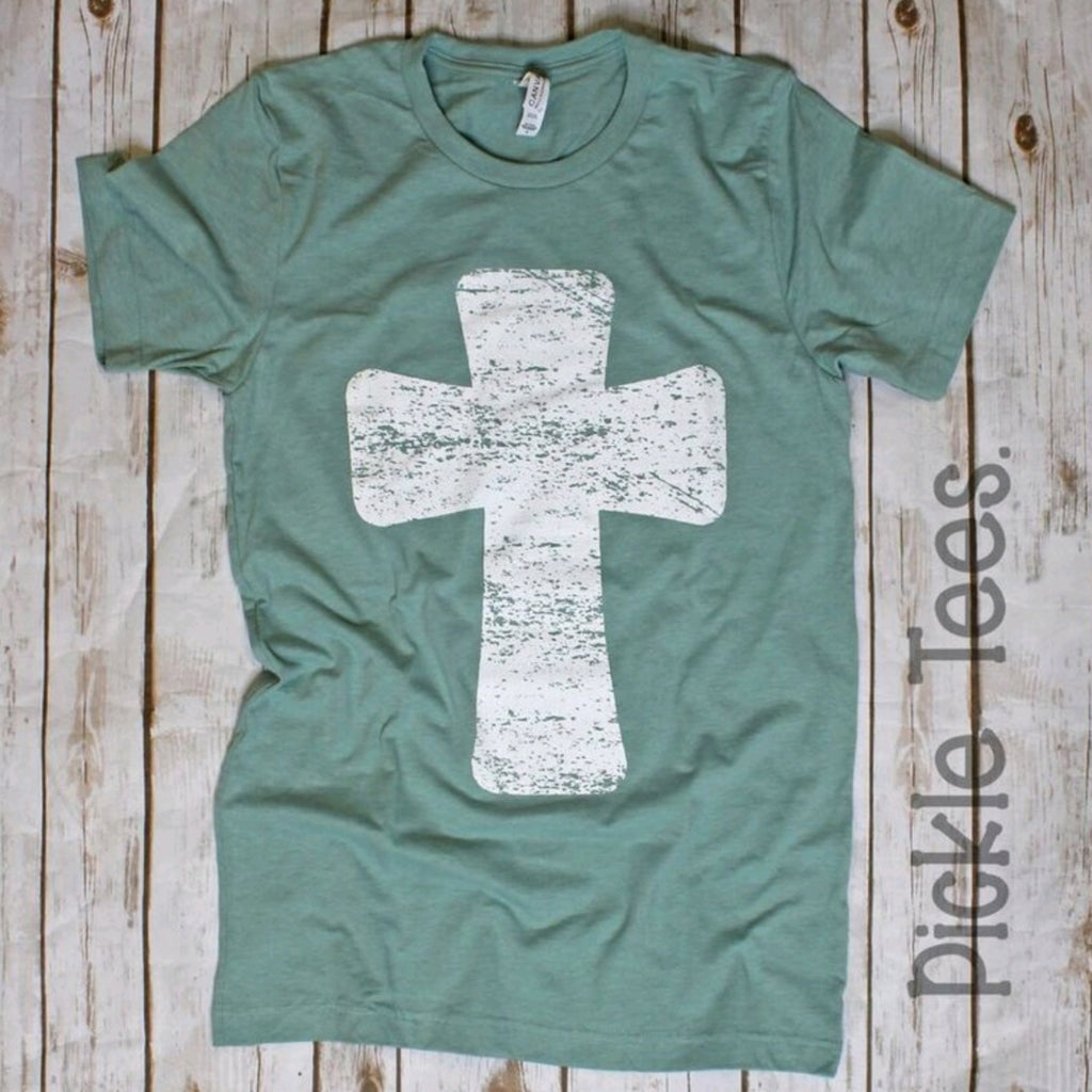 White Cross on a Dusty Blue Crew - Bless UR Heart Boutique