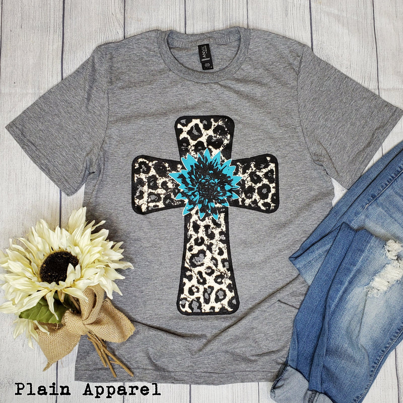 Turquoise FLOWER Leopard Cross Tee - Bless UR Heart Boutique