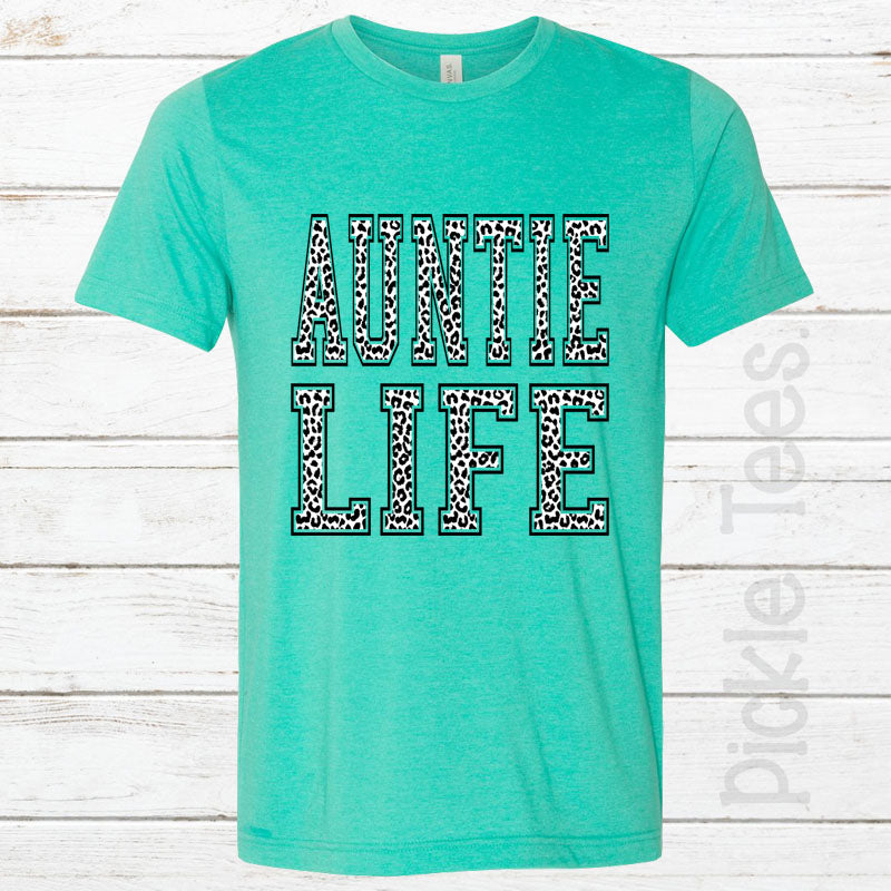 Snow Leopard Auntie Life SEA GREEN Crew Neck Tee - Bless UR Heart Boutique