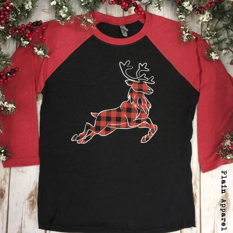 Buffalo Plaid Reindeer Raglan - Bless UR Heart Boutique