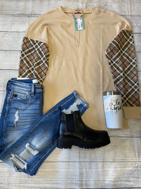 Cream Top with Plaid Sleeves TOP1324