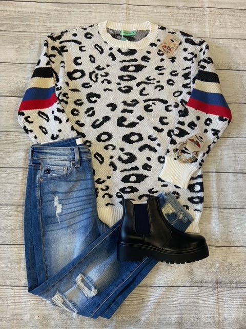 White Leopard Sweater with Striped Sleeves TOP1328  FINAL SALE