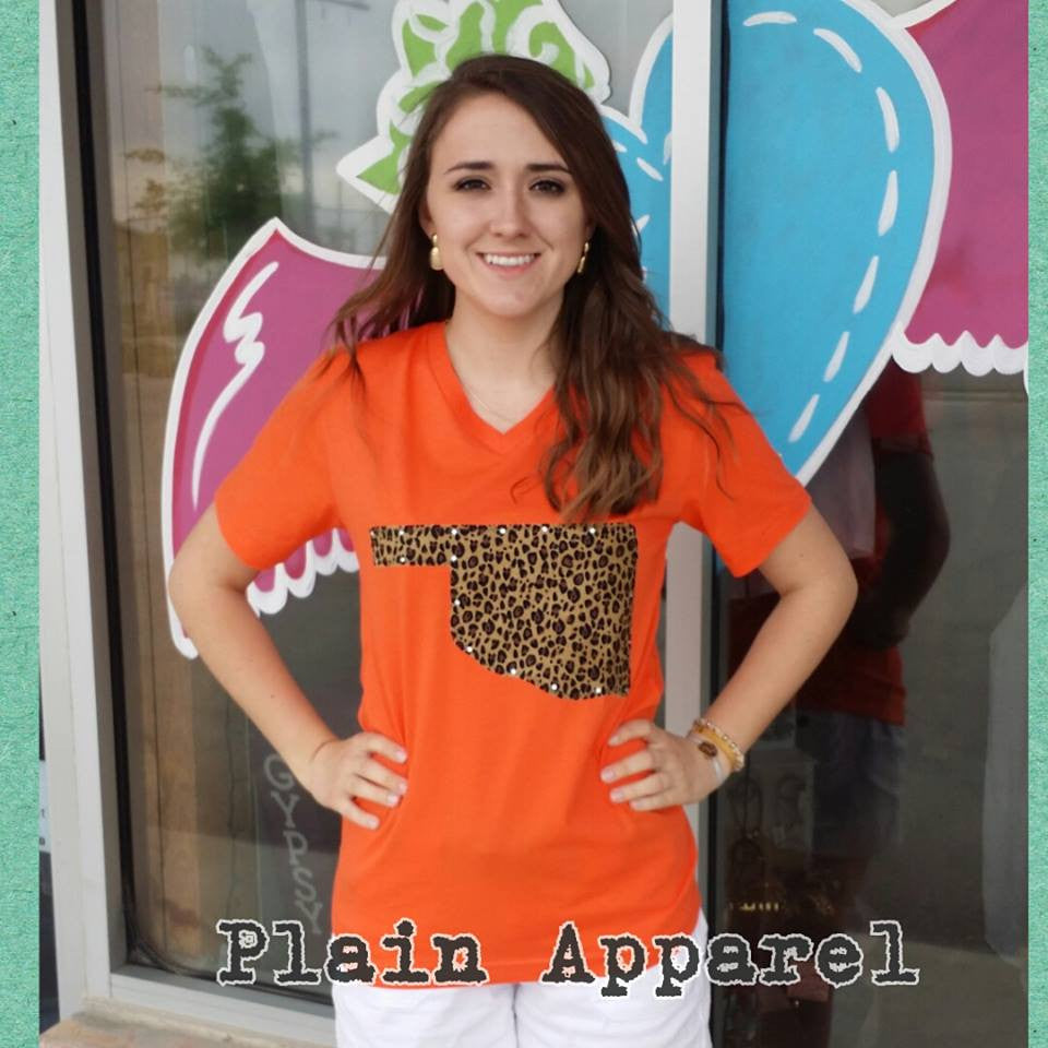 Leopard Oklahoma Orange V-Neck - Bless UR Heart Boutique