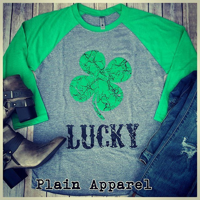 Lucky Shamrock Raglan Gray/Green - Bless UR Heart Boutique