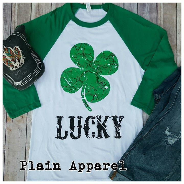 Lucky Shamrock Raglan Green/WHITE - Bless UR Heart Boutique